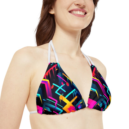 Vibrant Trendy Neon Abstract Geometric Pattern Design Strappy Bikini Set (AOP)