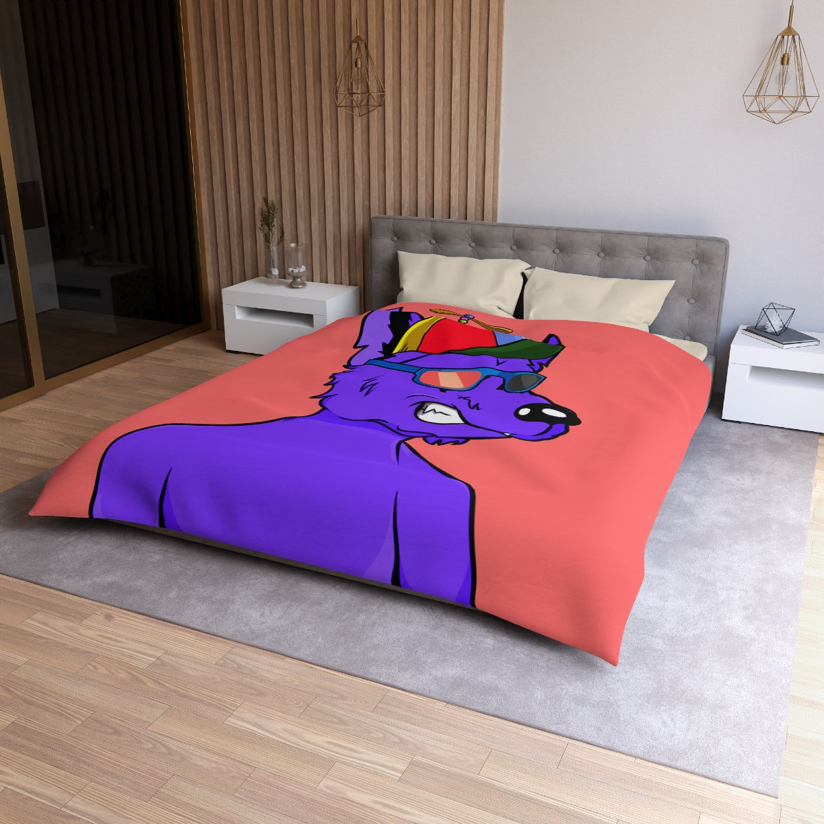 Cyborg Wolf Purple Fur Propeller Hat Colored Sunglasses Microfiber Duvet Cover