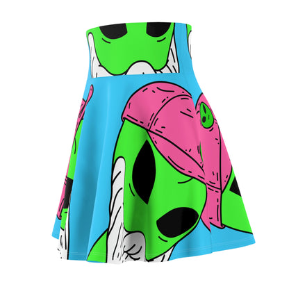 Beard Visitor Pink Hat Alien Cartoon Women's Skater Skirt (AOP)