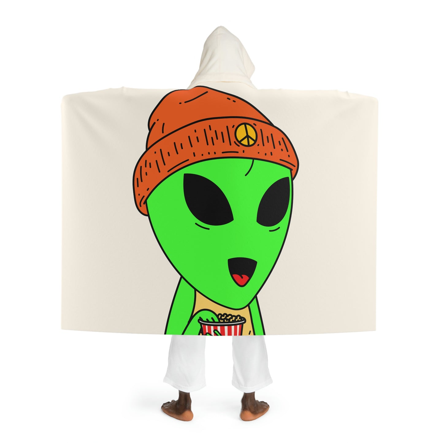 Big Smile Popcorn Green Visitor Peace Hat Hooded Sherpa Fleece Blanket