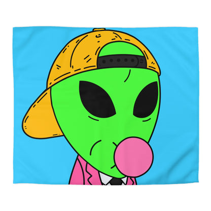 Pink Suit Bubble Gum Visitor Green Alien with Yellow Cap Microfiber Duvet Cover
