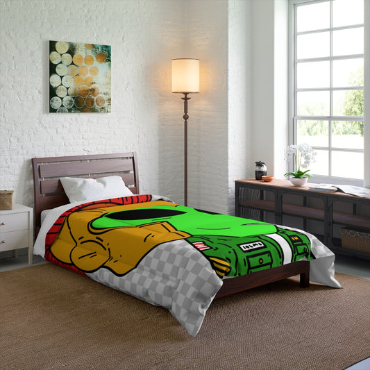 Spartan Helmet Military Jacket Lolipop Mouth Green Alien Visitor Bed Comforter