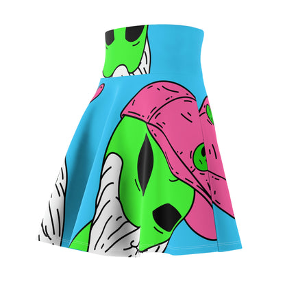 Beard Visitor Pink Hat Alien Cartoon Women's Skater Skirt (AOP)