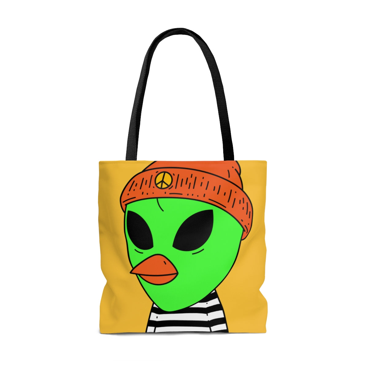 Burb Beak Green Alien Orange Peace Hat Black White Striped Shirt AOP Tote Bag