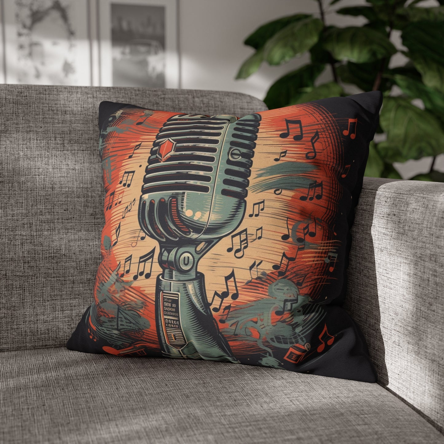 Micrófono retro y notas musicales - Funda de almohada cuadrada de poliéster hilado con diseño de estilo vintage 