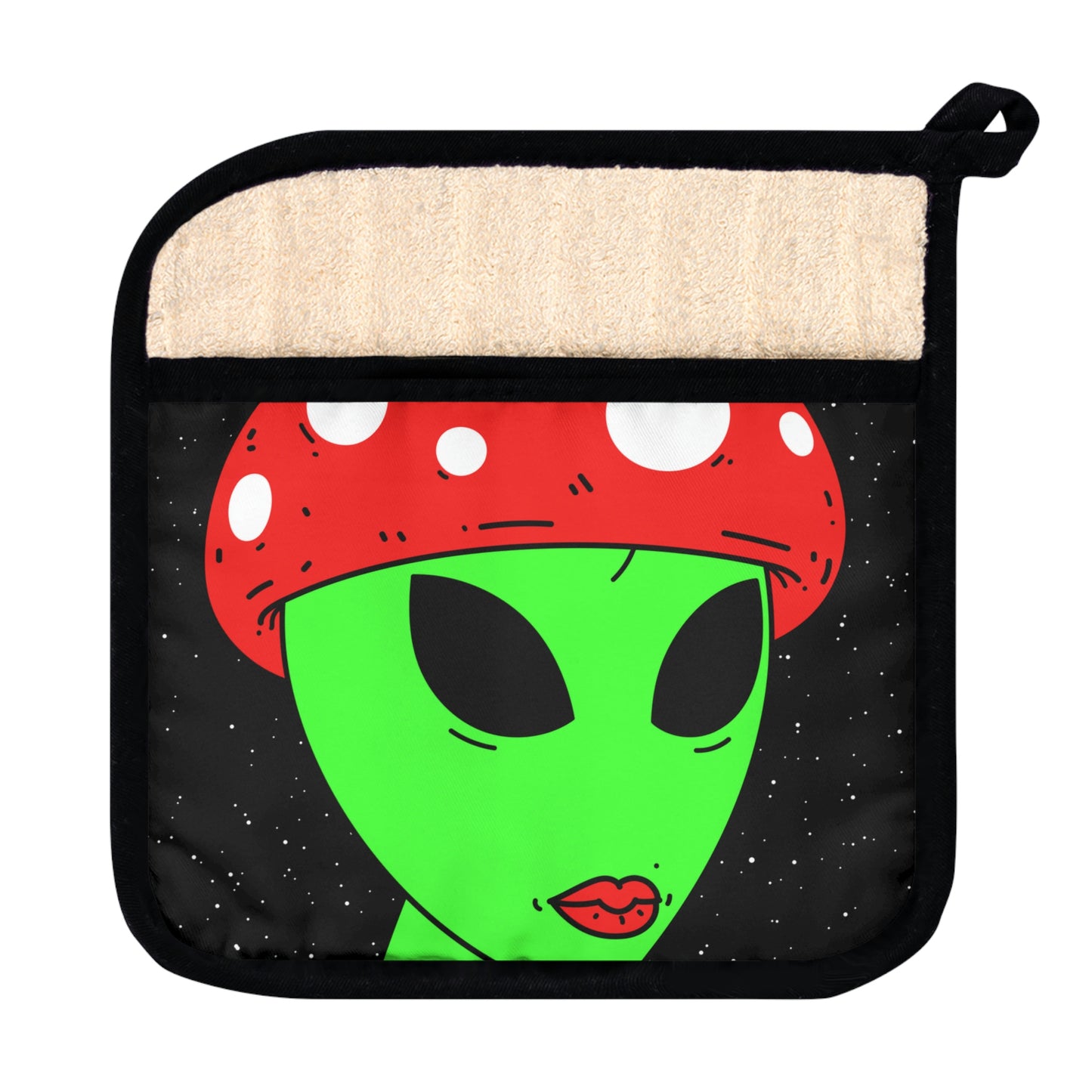 Mushroom Head Green Alien Visitor w/ Red Lips Pot Holder with Pocket