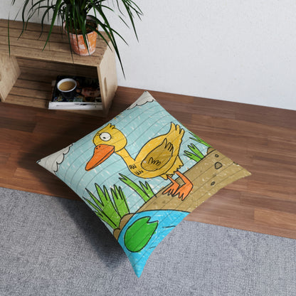 Yellow Duck Bird Pond Tufted Floor Pillow, Square