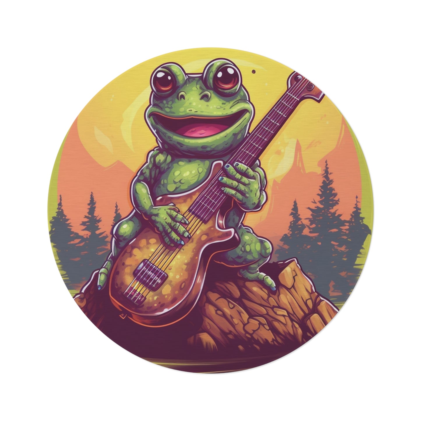 Classic Frog ontop a log Style Guitar Playing Musician Round Rug