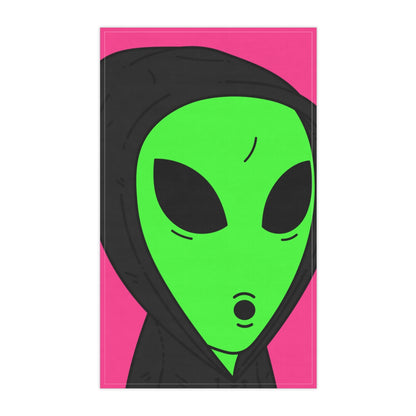 Toalla De Cocina The Visitor Green Alien Sudadera Con Capucha Negra Sobre Fondo Rosa 