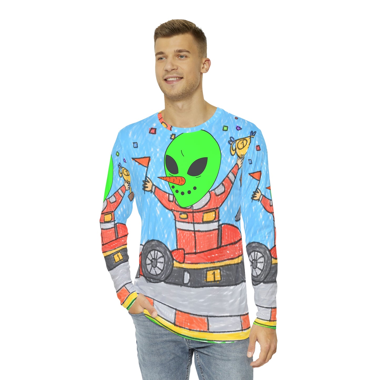 Racer Car Driver Alien Veggie Visi the Vegetable Visitor Men's Long Sleeve AOP Shirt