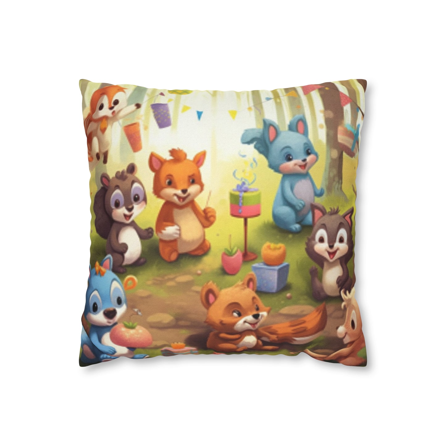 Nursery Art - Cartoon Forest Animals Party Design Spun Polyester Square Pillow Case