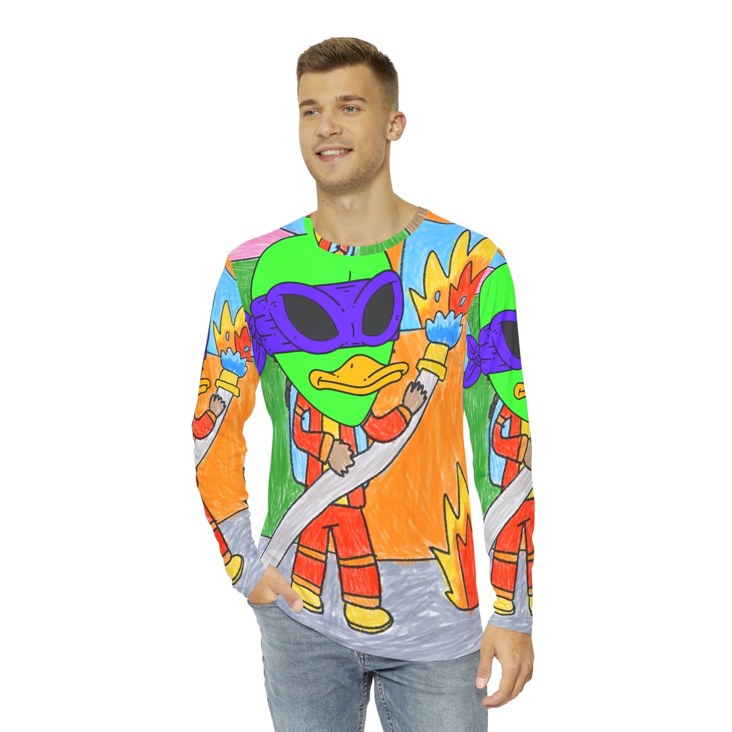 Superhero Fireman Fire Fighter Visitor 751 Alien Men's Long Sleeve AOP Shirt