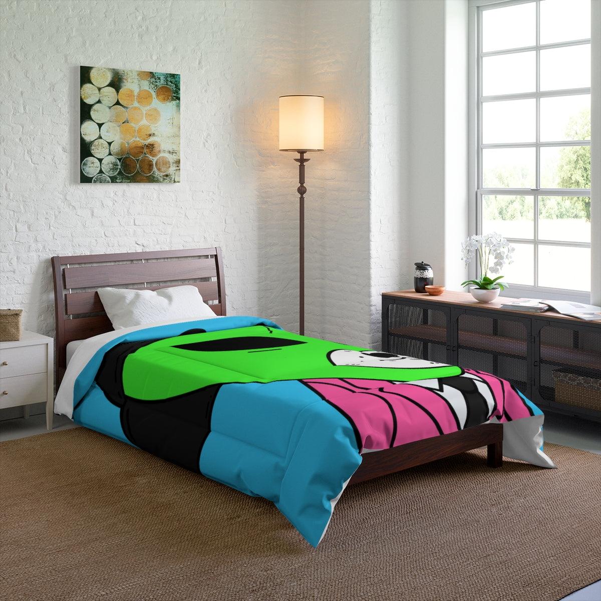 White Bear Dog Face Pink Suit Green Alien Visitor Black Cap Bed Comforter