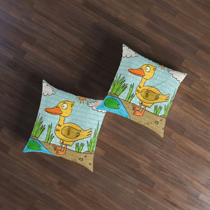 Yellow Duck Bird Pond Tufted Floor Pillow, Square