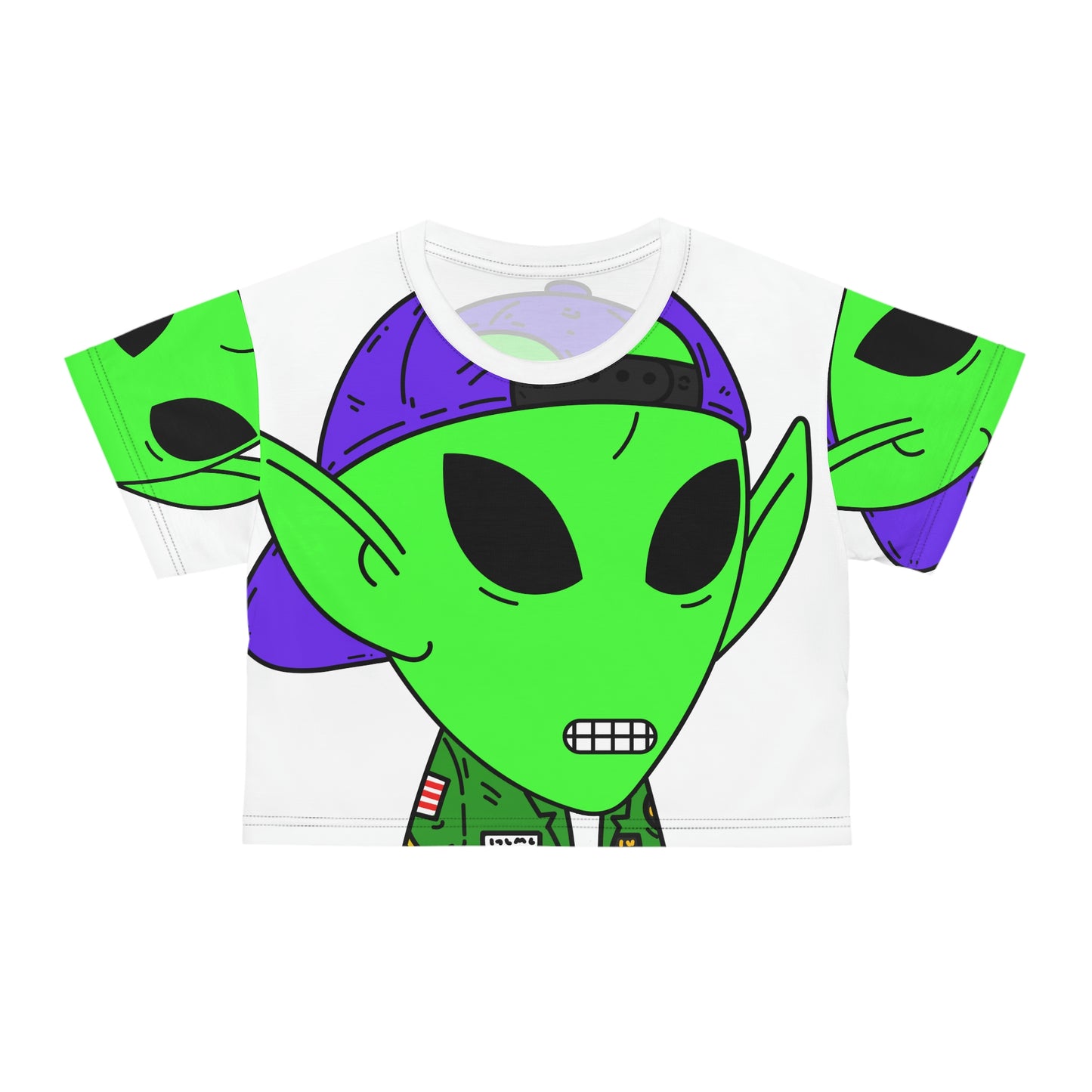 Green Military Army Jacket pointy ear Visitor Alien Crop Tee (AOP)