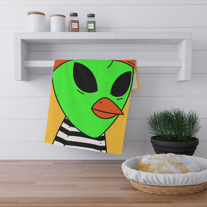 Burb Beak Green Alien Orange Peace Hat Black White Striped Shirt Kitchen Towel