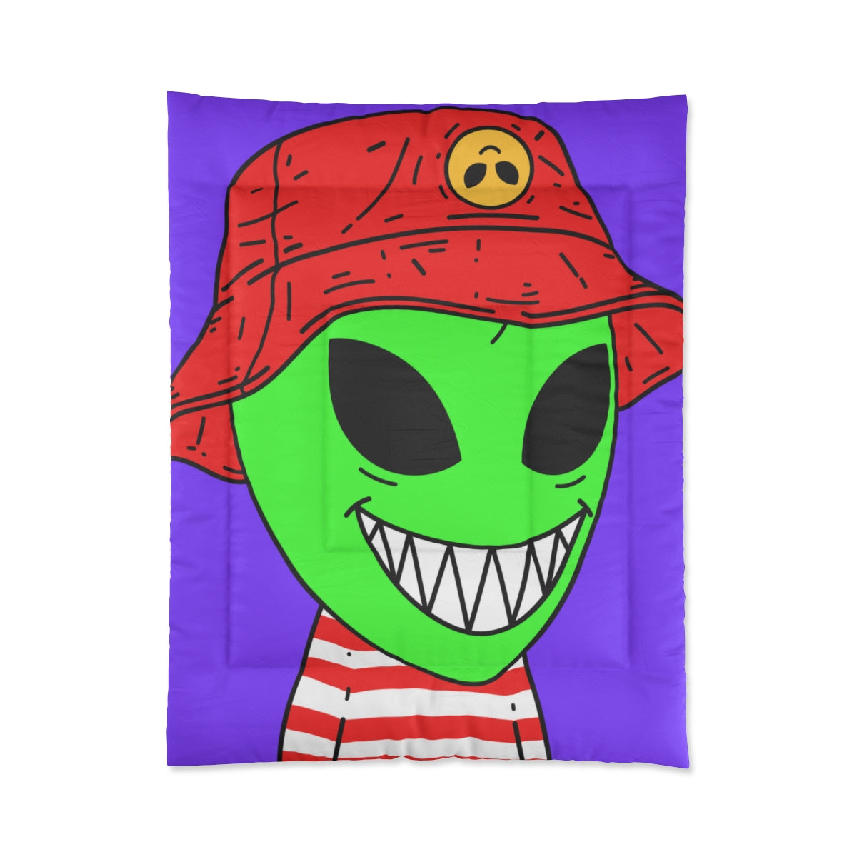 Alien Character Cartoon Red Hat Striped Shirt Big Smile Bed Comforter