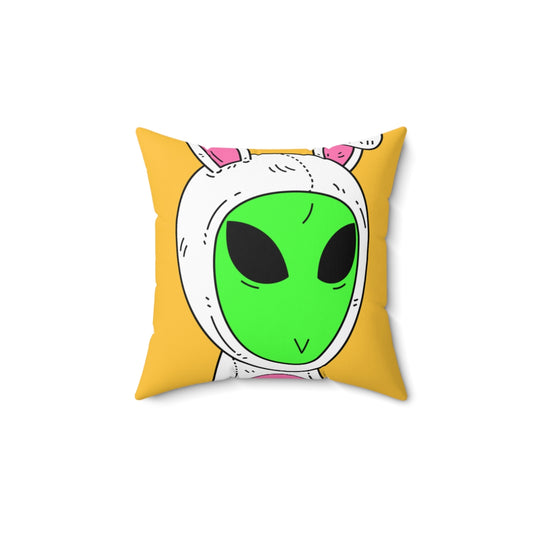 Green Alien V Face White Bunny Rabbit Visitor Spun Polyester Square Pillow