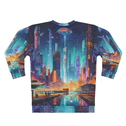 Sudadera unisex futurista de neón Cyberpunk Cityscape Art Design (AOP)