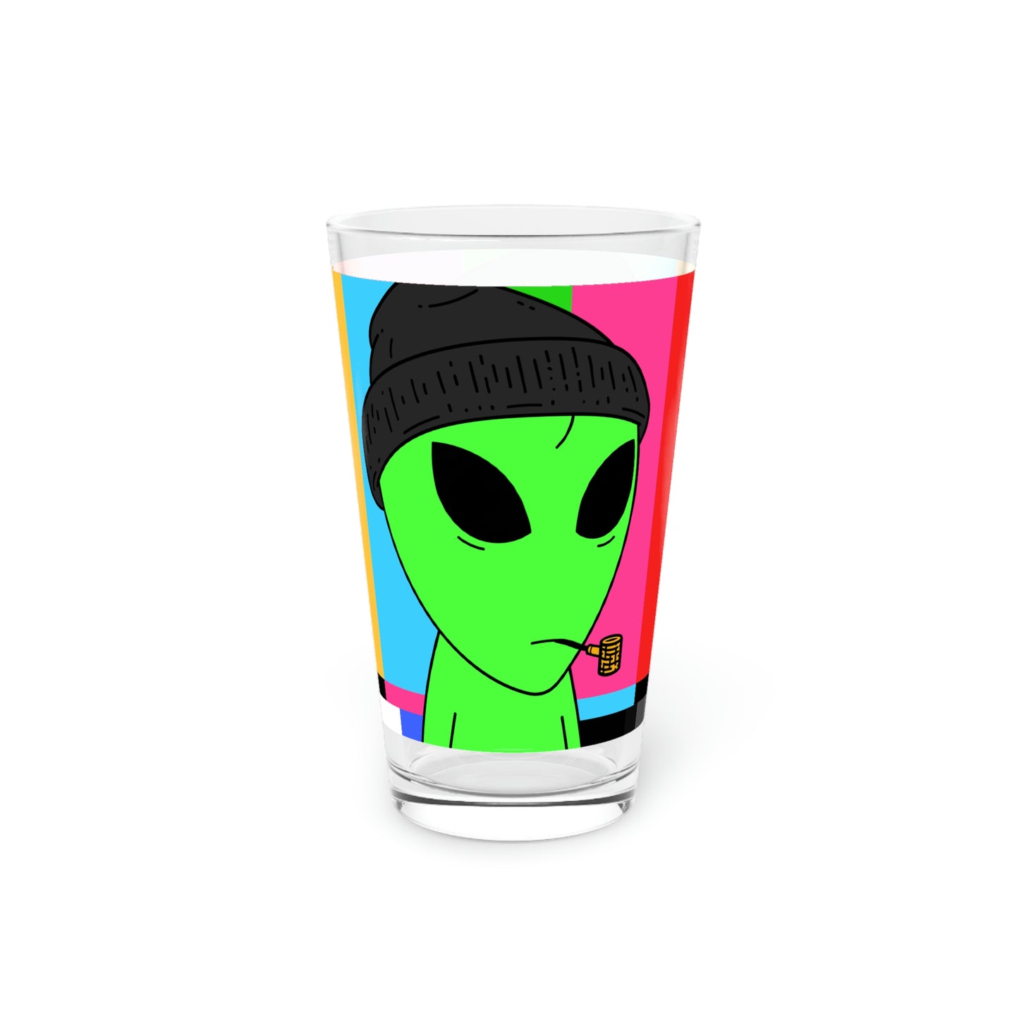 Pipe Smoking Green Alien Black Beanie Pint Glass, 16oz