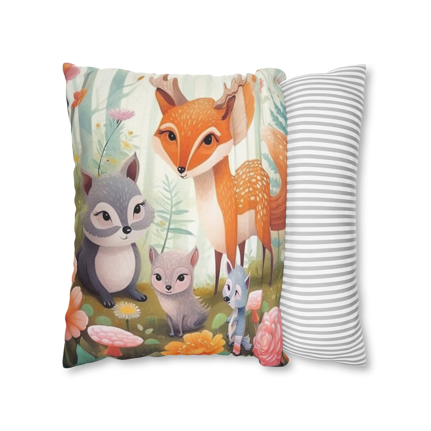 Cute Woodland Creatures Whimsical Animal Art Spun Polyester Square Pillow Case