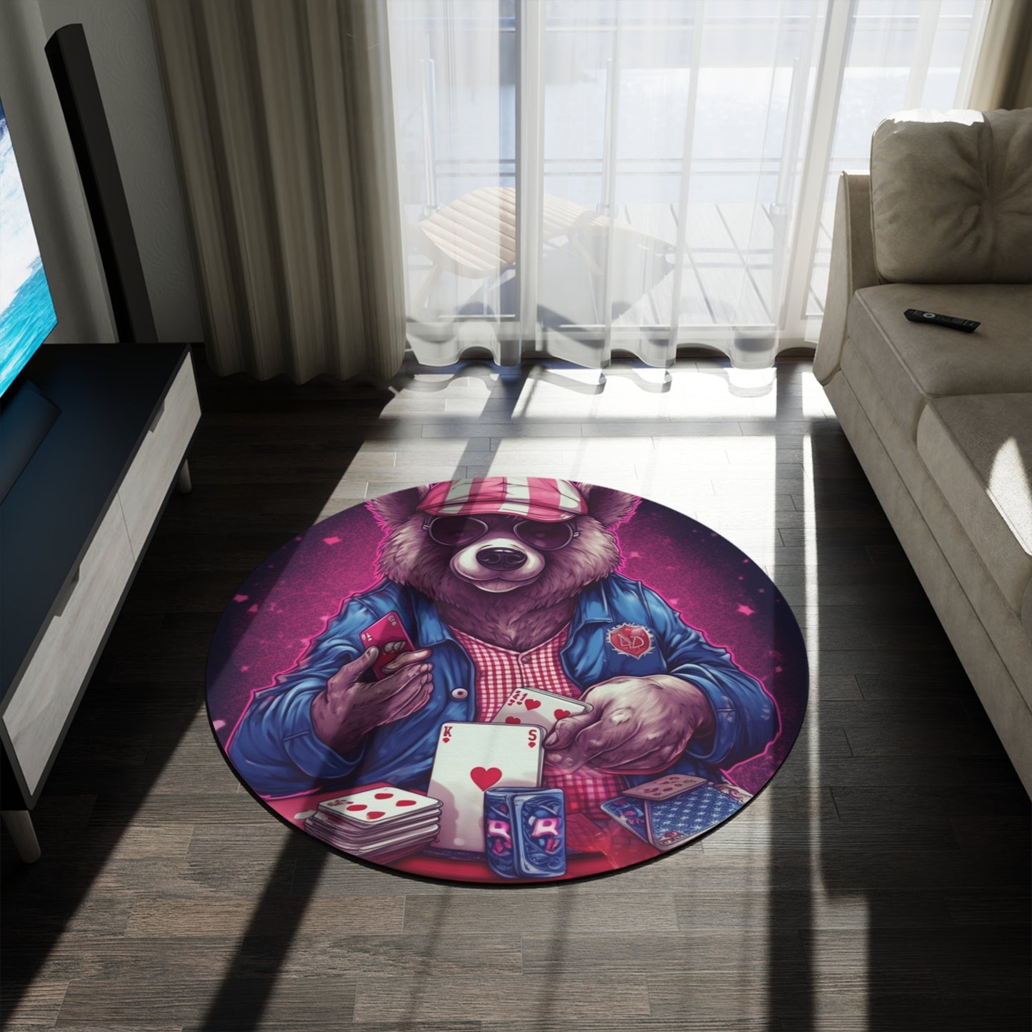 Patriotic Bear Playing Poker: A Winning Hand 4th of July Celebration Round Rug