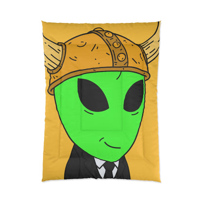 Green Smirk Face Alien Viking Helmet Black Business Suit Visitor Bed Comforter