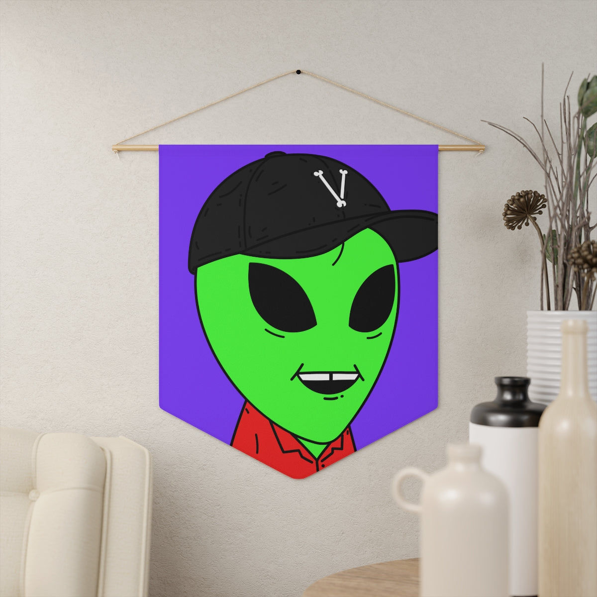 Missing Tooth Red Collar Green Alien with Visitor V Black Hat Pennant