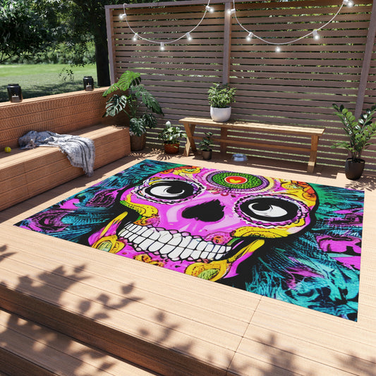 Trippy psychedelic Skull Skeleton Head Face Outdoor Rug