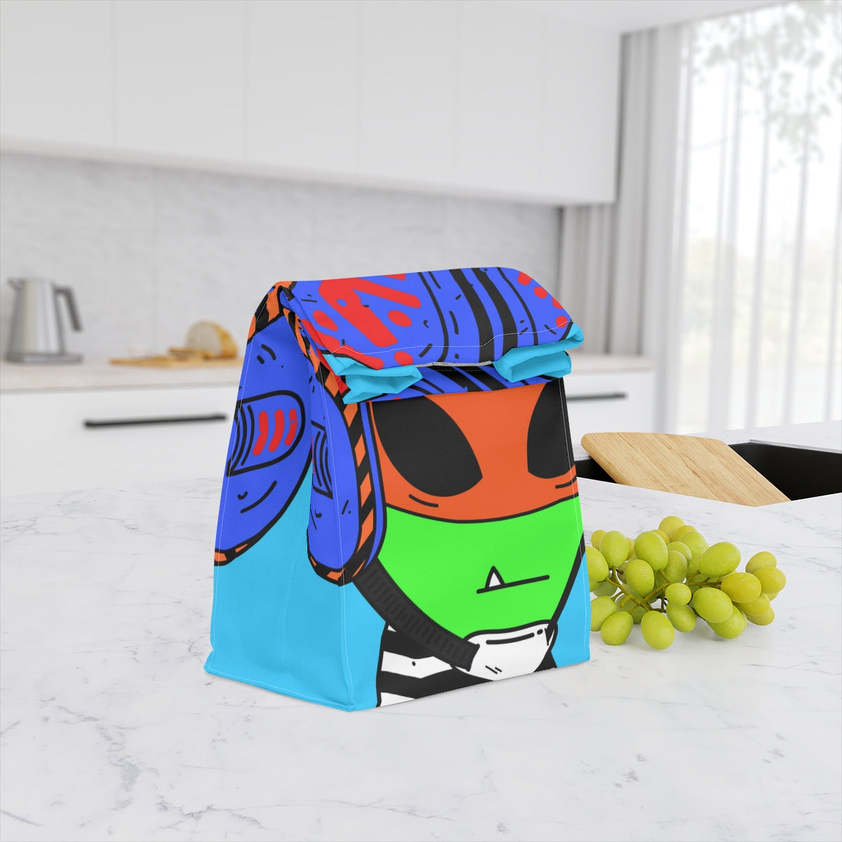 Bolsa de almuerzo de poliéster con camisa a rayas para visitante alienígena verde con casco espacial