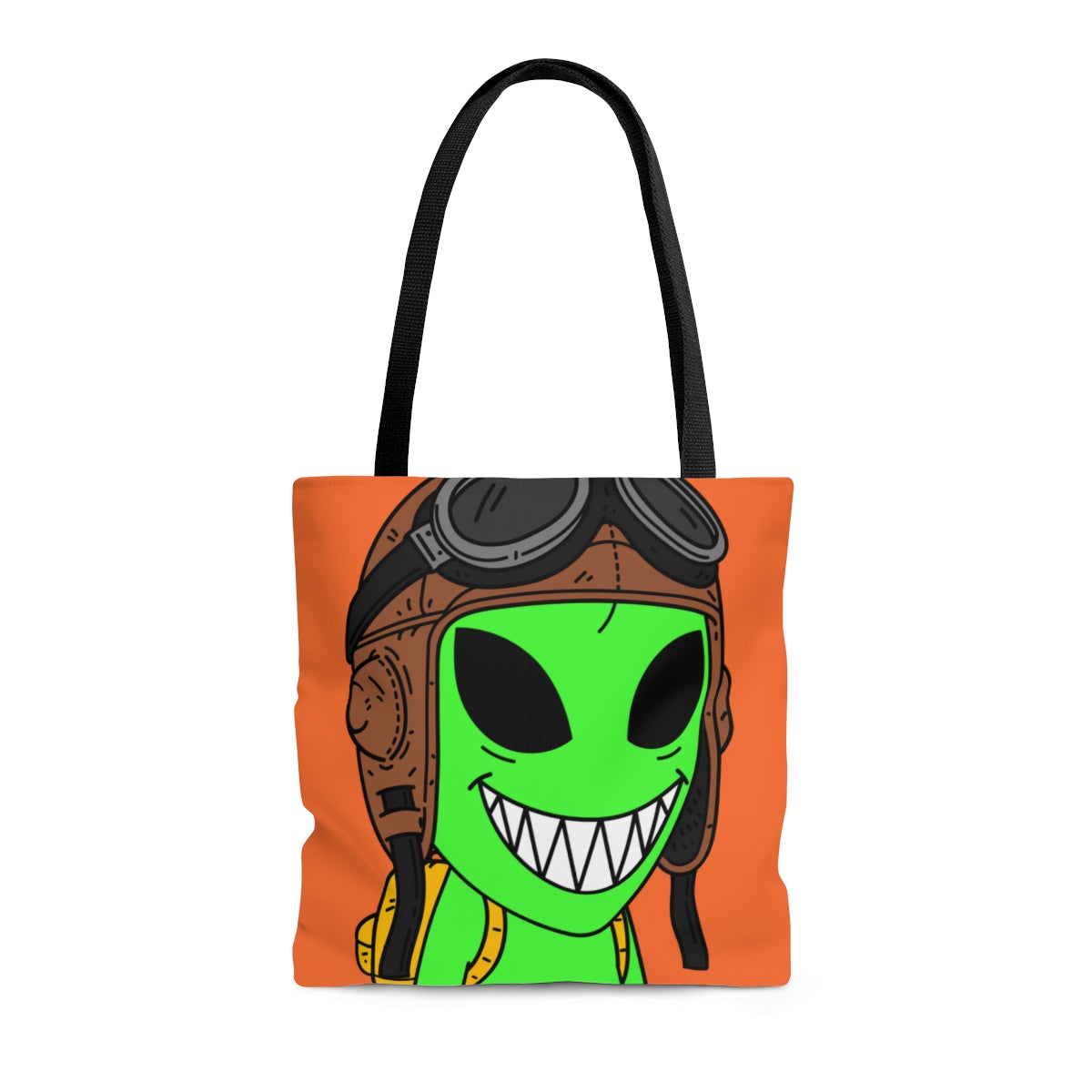 Aviator Flying Cap Green Alien Visitor Big Smile Teeth Yellow Backpack AOP Tote Bag