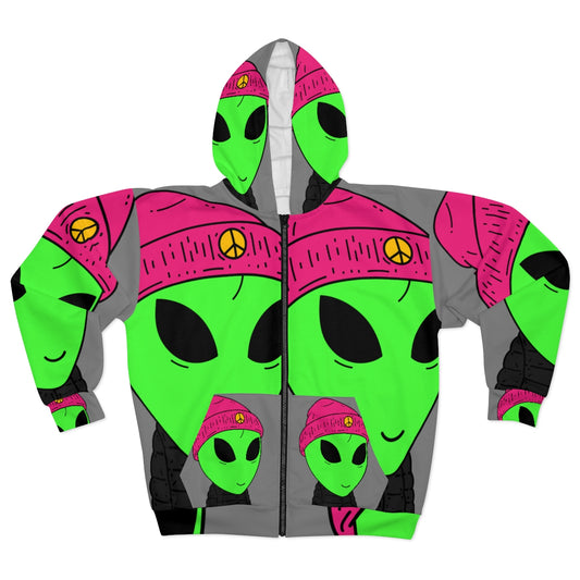 Galactic Being Green Species Space AOP Unisex Zip Hoodie