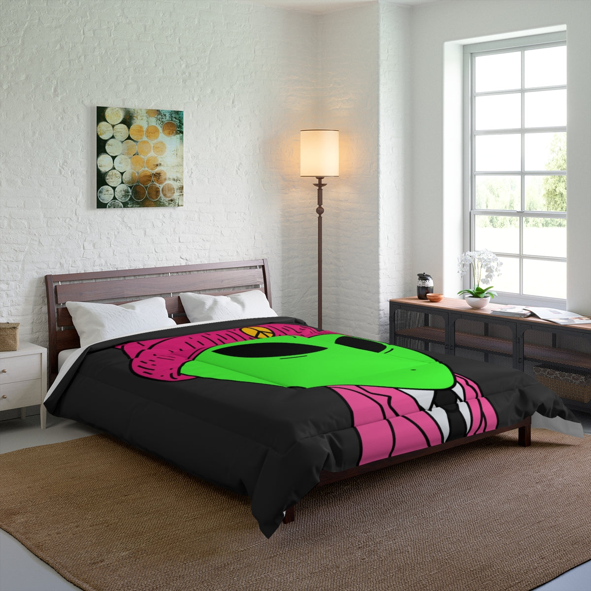 Pink Peace Hat Suit Green Alien Visitor Bed Comforter