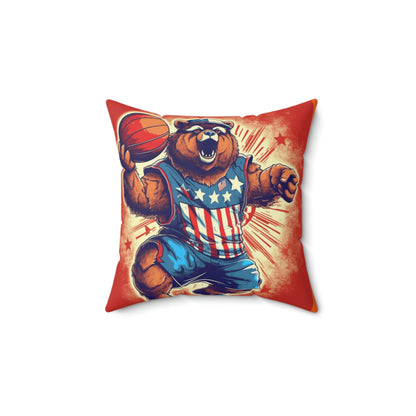 Slam Dunk for Independence:Patriotic Bear's 4th of July Basketball Game Spun Polyester Square Pillow