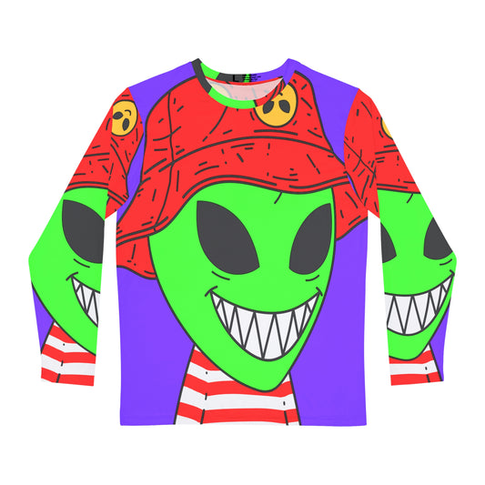 Alien Character Cartoon Red Hat Striped Shirt Big Smile Men's Long Sleeve AOP Shirt