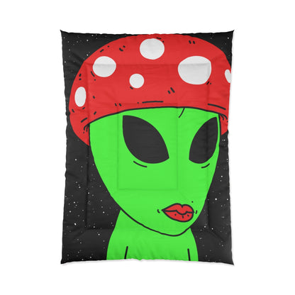 Mushroom Head Green Alien Visitor w/ Red Lips Bed Comforter