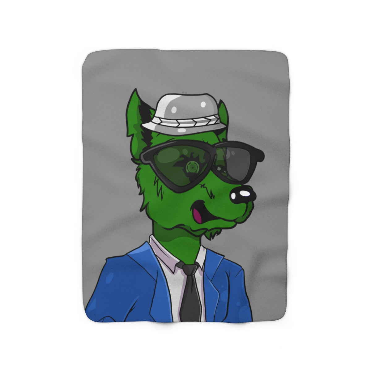 Cyborg Wolf Blue Suit Black Tie Green Wolve Fur Black Shades grey Fedora Sherpa Fleece Blanket