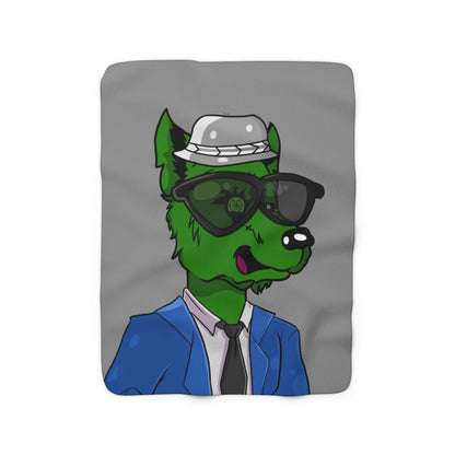 Cyborg Wolf Blue Suit Black Tie Green Wolve Fur Black Shades grey Fedora Sherpa Fleece Blanket