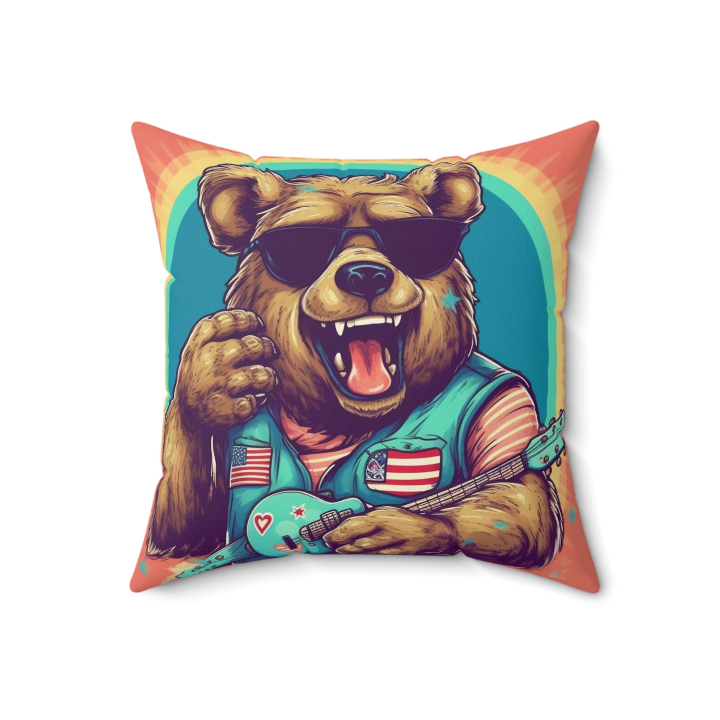 Mandolin Ukulele Guitar Instrument Furry USA Bear Animal Spun Polyester Square Pillow