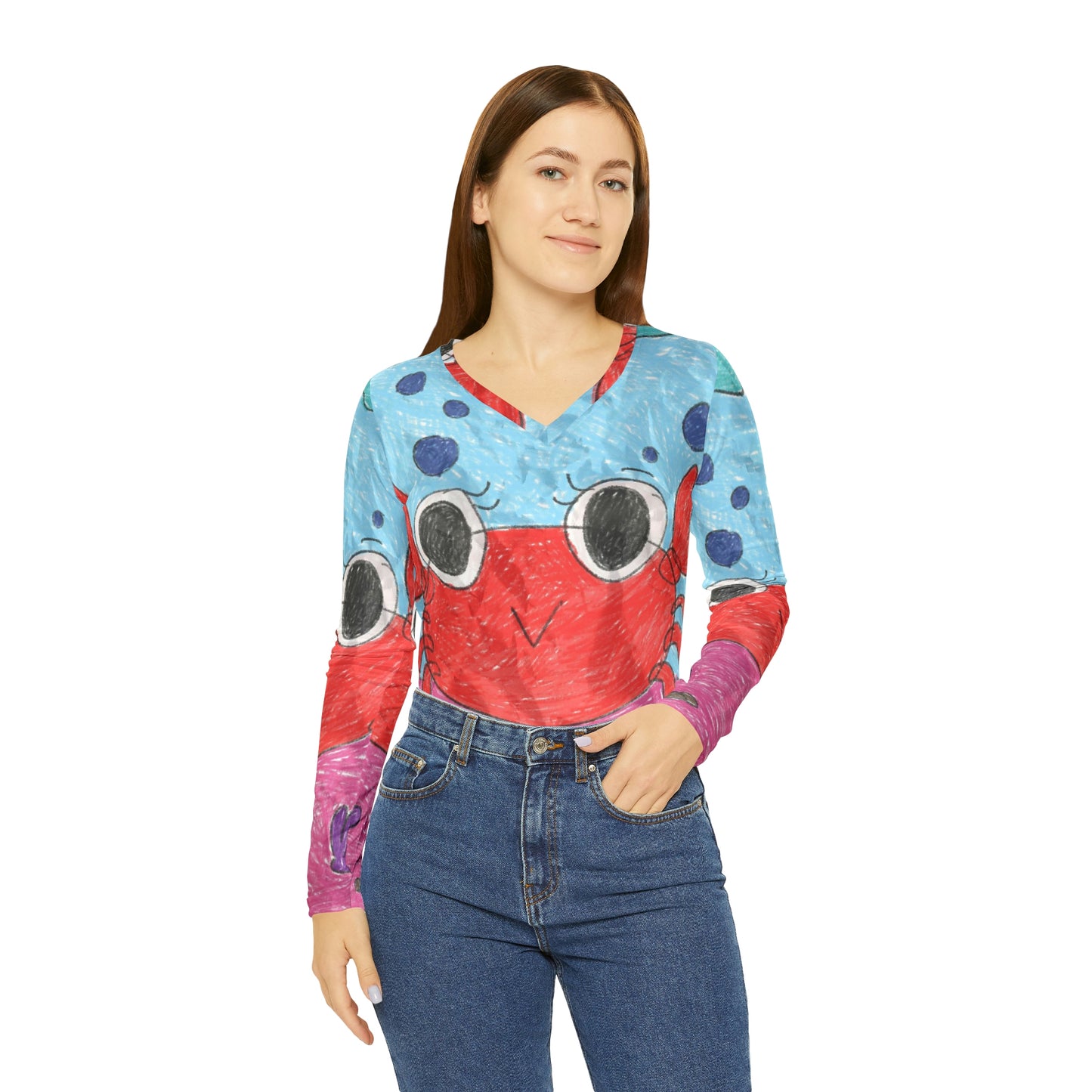 Camisa de manga larga con cuello en V para mujer Lobster Crab Graphic Sea Lovers 