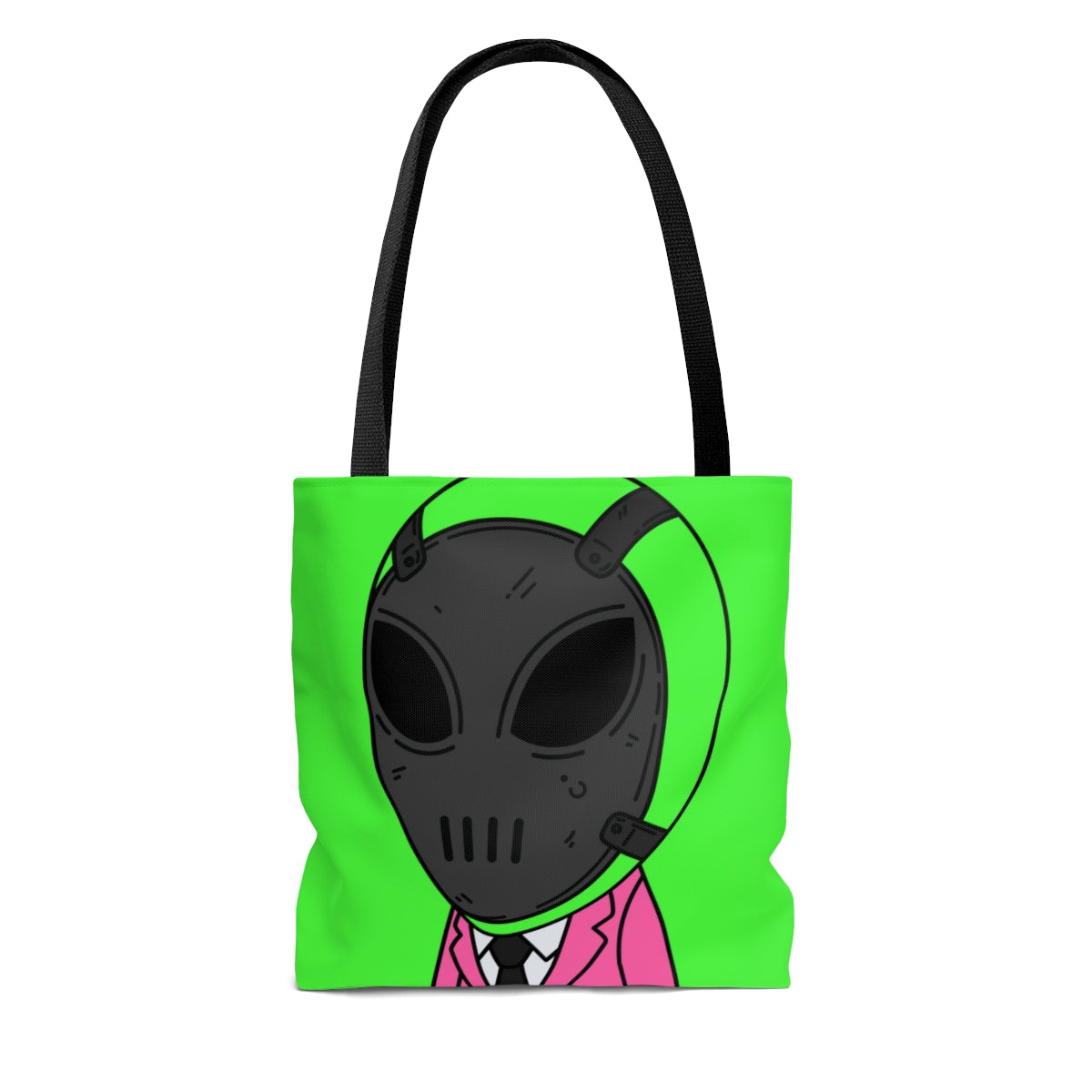 Green Alien Black Space UFO Mask Pink Suit Visitor AOP Tote Bag
