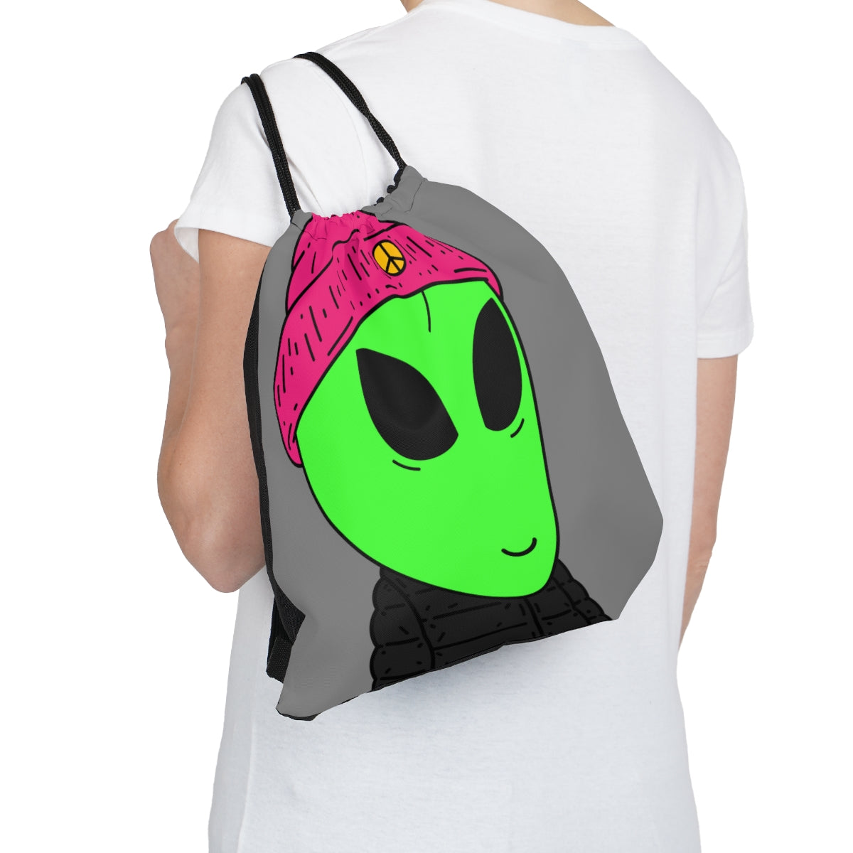 The Visitors Green Alien Peace Outdoor Drawstring Bag