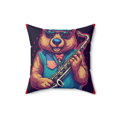 Jazz Stars and Stripes: Celebrate 4th of July with the Patriotic Bear's Saxophone Spun Polyester Square Pillow