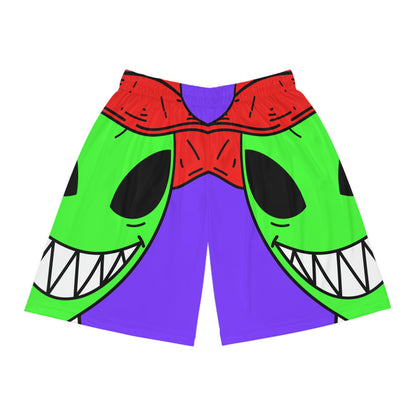 Personaje Alien Dibujos Animados Sombrero Rojo Camisa Rayas Gran Sonrisa Pantalones Cortos Baloncesto 