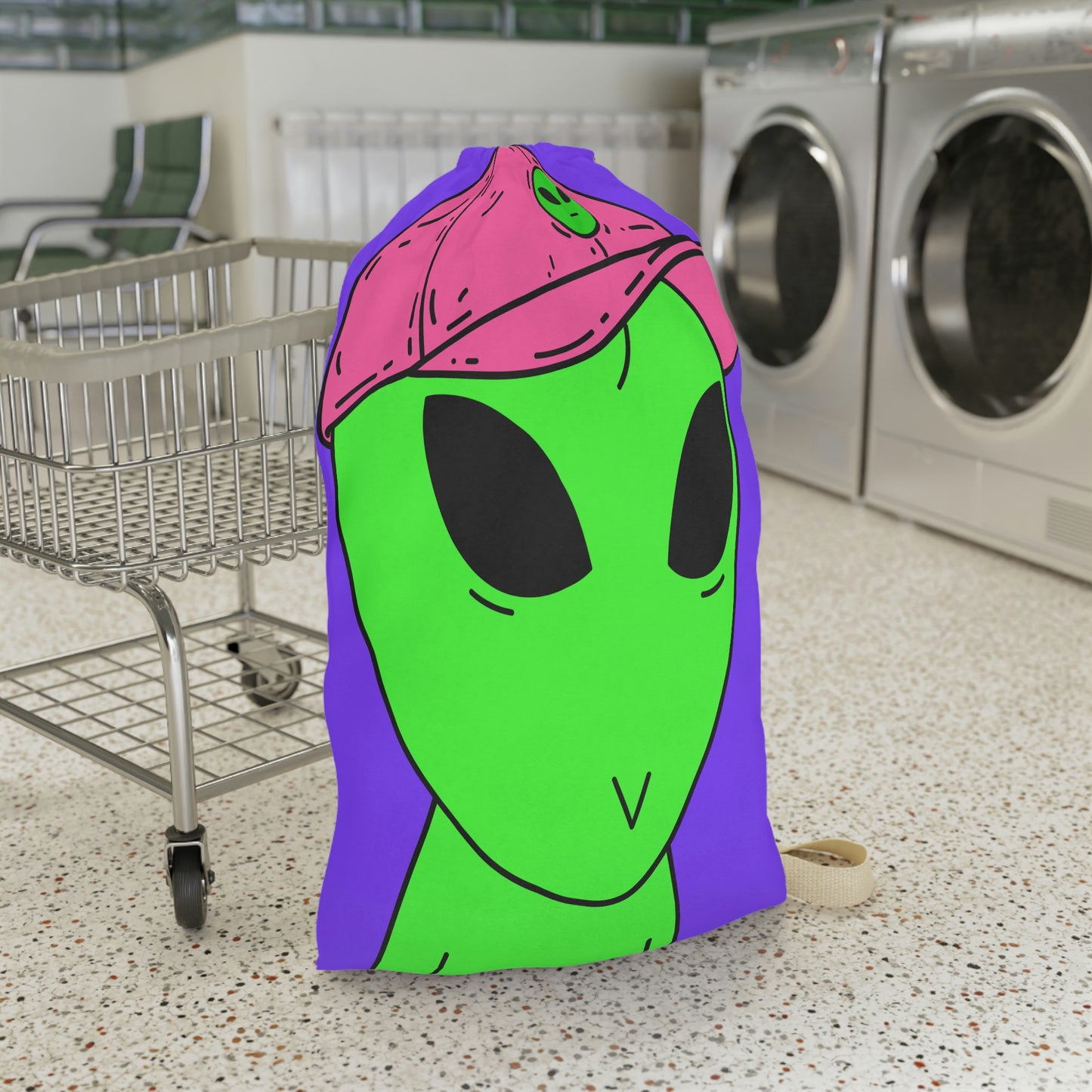 Green Alien V Face Pink Visi hat Visitor Laundry Bag