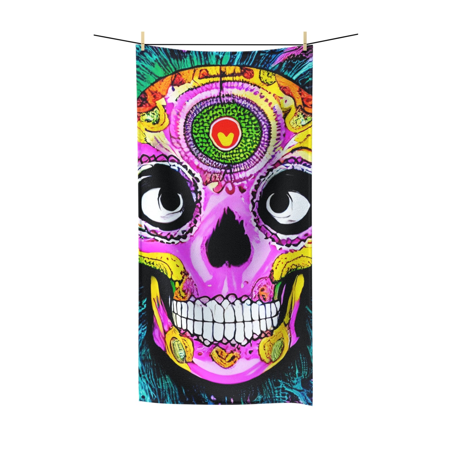 Toalla de polialgodón con cara de cabeza de esqueleto de calavera psicodélica trippy