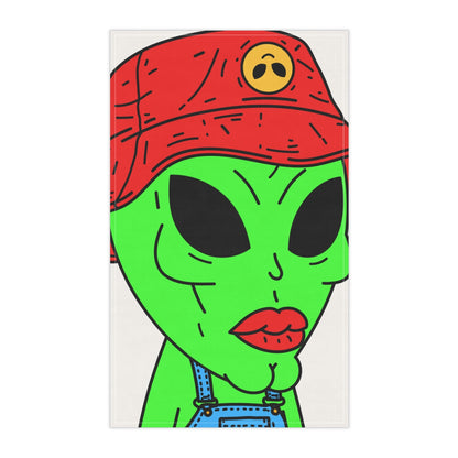 Old Green Alien Strong Chin Red Visi Hat Farmer Trouser Visitor Kitchen Towel