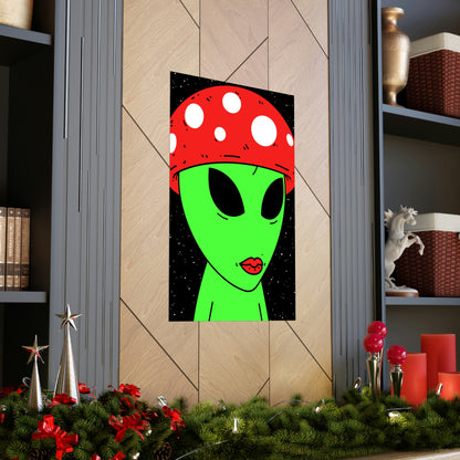 Mushroom Head Green Alien Visitor w/ Red Lips Premium Matte Vertical Posters