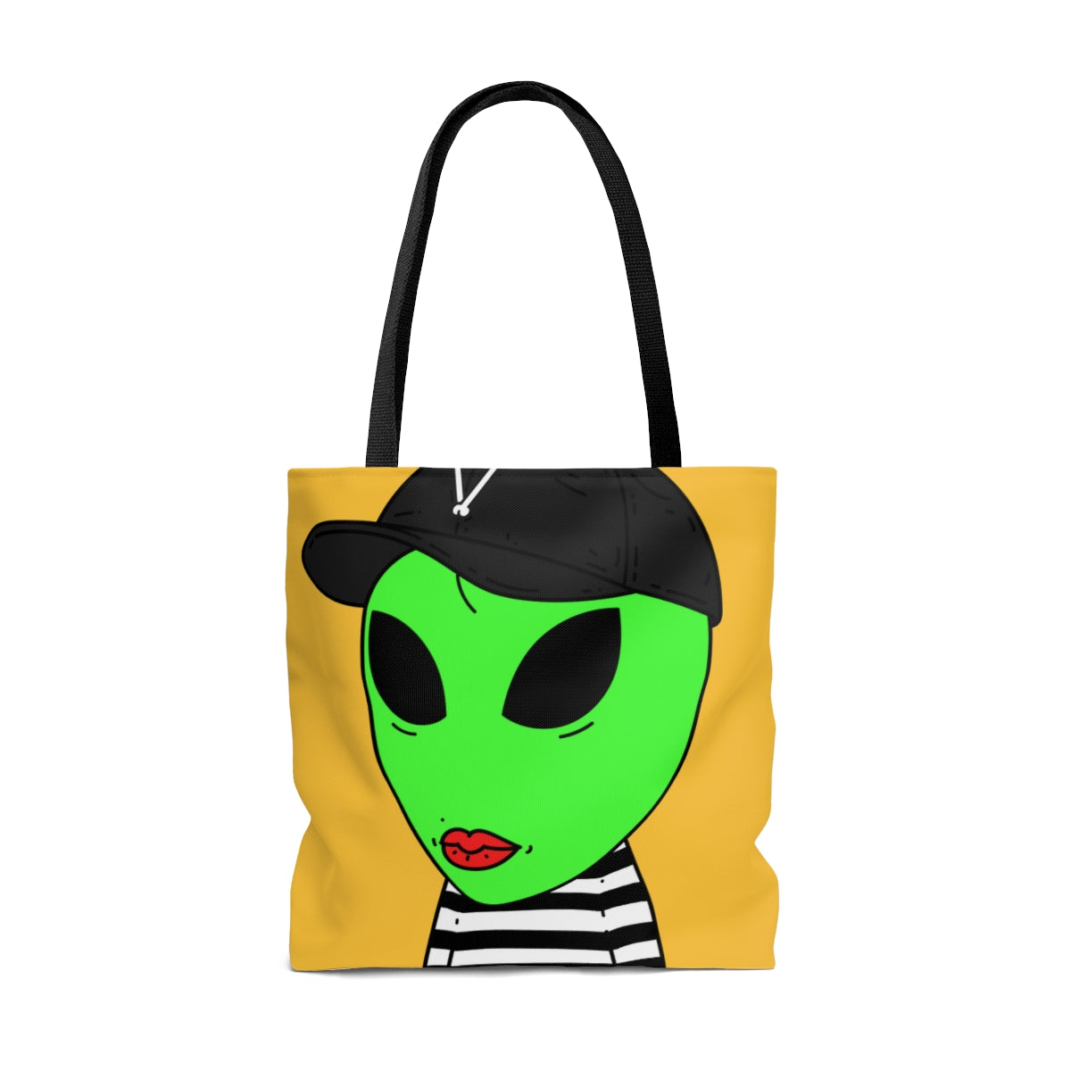 Black Striped Shirt Visitor Green Alien Black Cap V Lipstick AOP Tote Bag