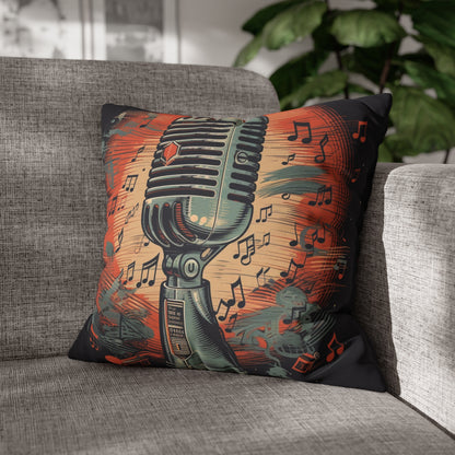 Micrófono retro y notas musicales - Funda de almohada cuadrada de poliéster hilado con diseño de estilo vintage 